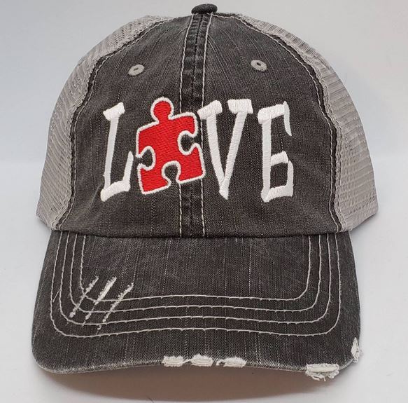 Autism Love Puzzle Piece Distressed Mesh Hat