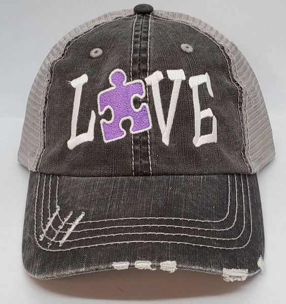 Autism Love Puzzle Piece Distressed Mesh Hat