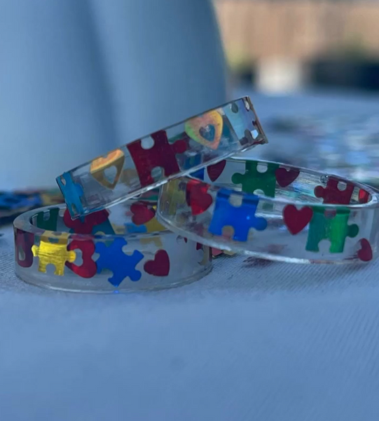 Autism Awareness Puzzle and Heart Pieces Resin Ring Jewelry