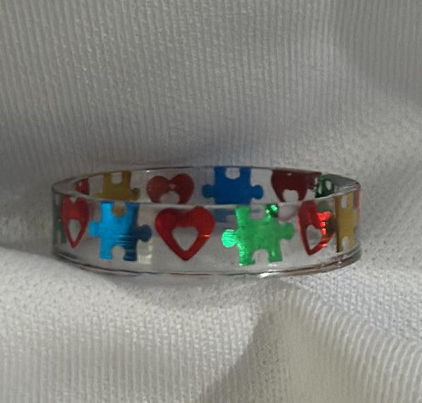 Autism Awareness Puzzle and Heart Pieces Resin Ring Jewelry