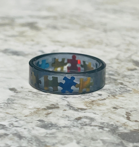 Autism Awareness Puzzle Pieces GREY Resin Ring Jewelry