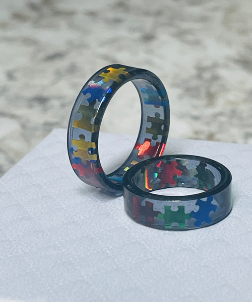 Autism Awareness Puzzle Pieces GREY Resin Ring Jewelry