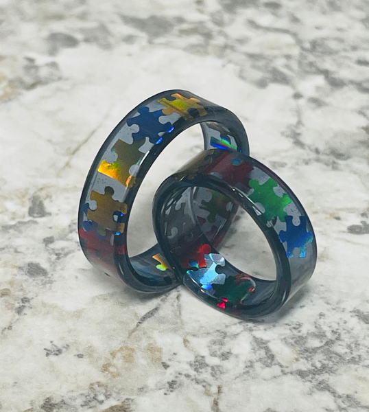 Autism Awareness Puzzle Pieces GREY Resin Ring Jewelry