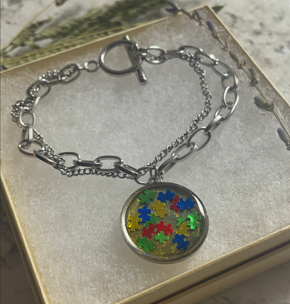 Autism Awareness Bezel Charm Puzzle Pieces Resin Bracelet Jewelry