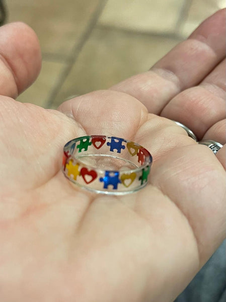 Autism Awareness Puzzle and Heart Pieces Resin Ring Jewelry