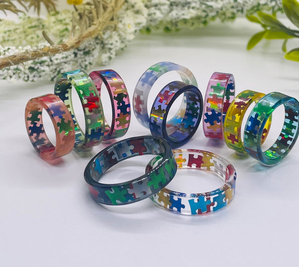 Multi-Colors Autism Awareness Puzzle Pieces Resin Rings Jewelry