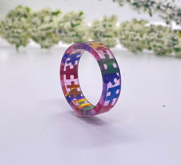 Multi-Colors Autism Awareness Puzzle Pieces Resin Rings Jewelry