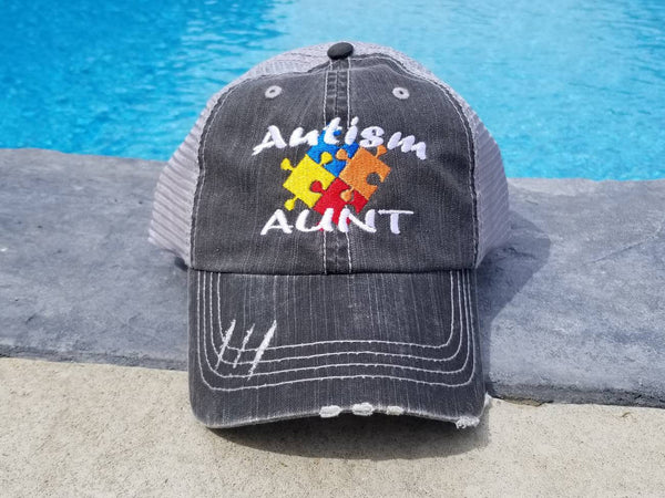 Autism Colored Puzzle Pieces Distressed Mesh Hat