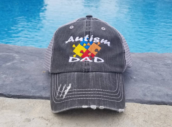 Autism Colored Puzzle Pieces Distressed Mesh Hat