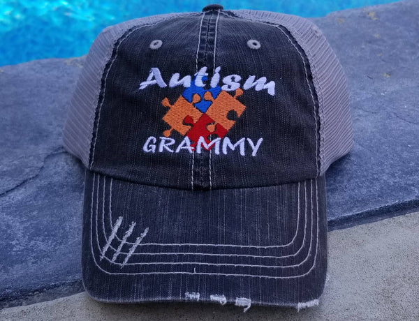 Autism Colored Puzzle Pieces Distressed Mesh Hat