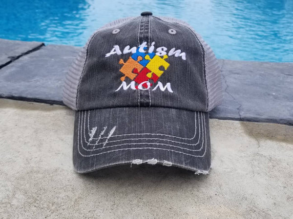 Autism Colored Puzzle Pieces Distressed Mesh Hat