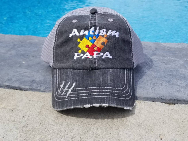 Autism Colored Puzzle Pieces Distressed Mesh Hat