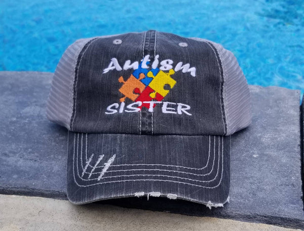 Autism Colored Puzzle Pieces Distressed Mesh Hat