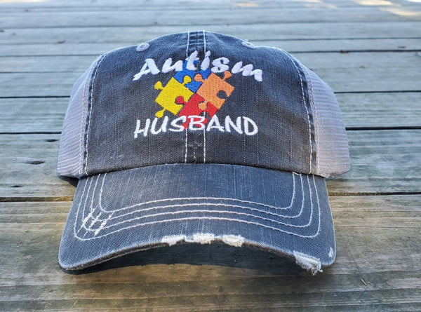 Autism Colored Puzzle Pieces Distressed Mesh Hat