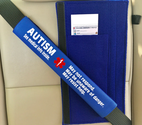 Autism Medical Alert Safety Seatbelt Cover with Pocket and Medical Info Page