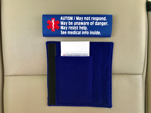 Autism Medical Alert Safety Seatbelt Cover with Pocket and Medical Info Page