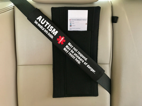 Autism Medical Alert Safety Seatbelt Cover with Pocket and Medical Info Page