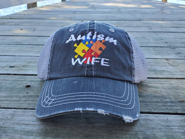 Autism Colored Puzzle Pieces Distressed Mesh Hat