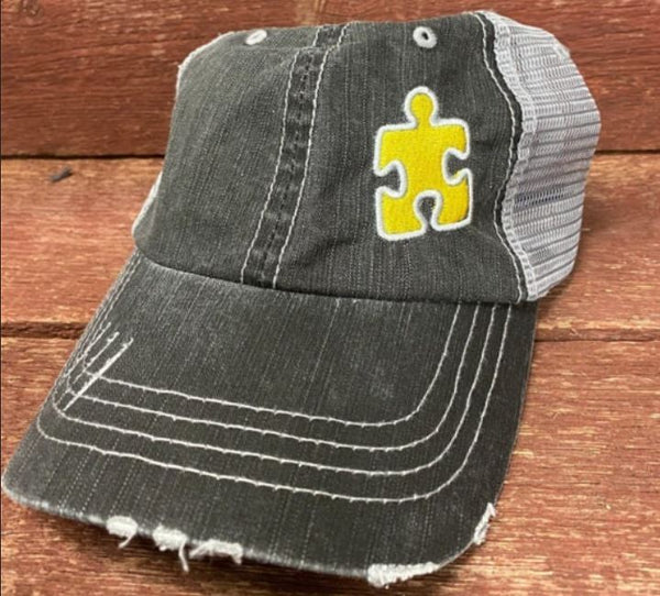 Autism Single Puzzle Piece Distressed Mesh Hat