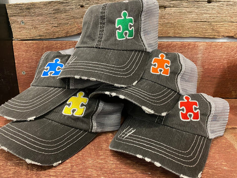 Autism Single Puzzle Piece Distressed Mesh Hat