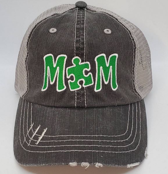 Autism MOM Puzzle Piece Distressed Mesh Hats