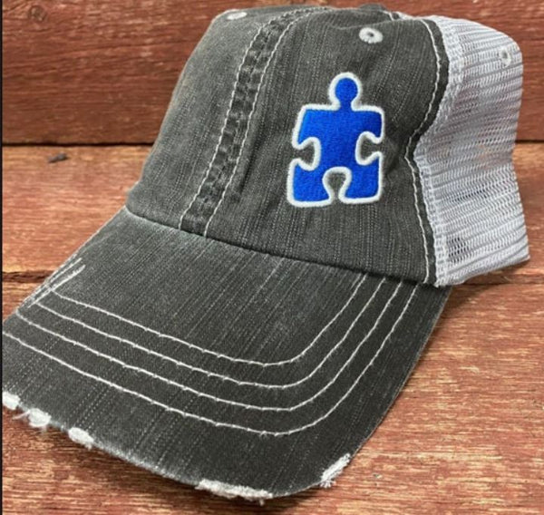 Autism Single Puzzle Piece Distressed Mesh Hat