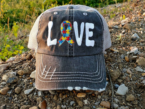 Autism Love Ribbon Distressed Mesh Hat