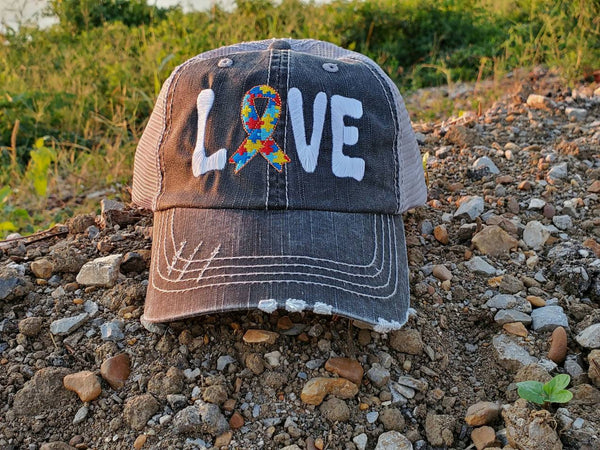 Autism Love Ribbon Distressed Mesh Hat