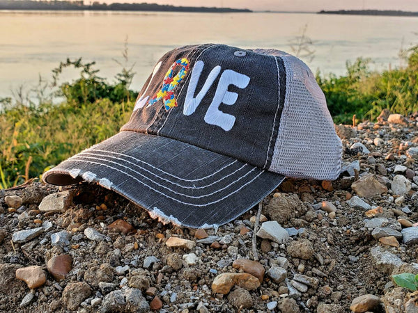 Autism Love Ribbon Distressed Mesh Hat