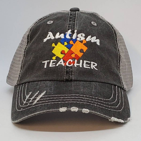 Autism Colored Puzzle Pieces Distressed Mesh Hat