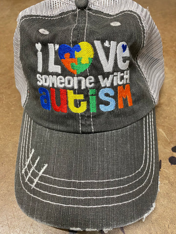 I Love Someone With Autism Puzzle Piece Distressed Mesh Hat