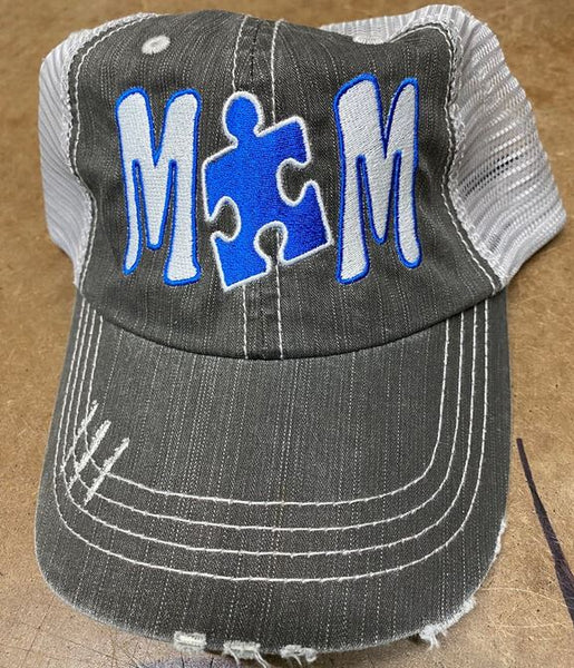 Autism MOM Puzzle Piece Distressed Mesh Hat