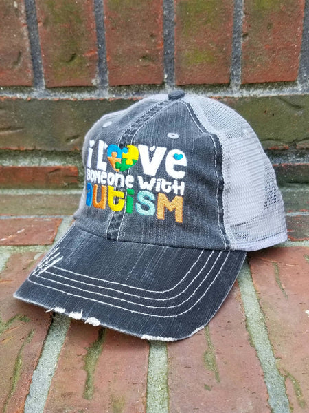 I Love Someone With Autism Puzzle Piece Distressed Mesh Hat