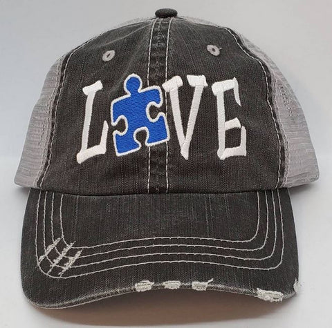 Autism Love Puzzle Piece Distressed Mesh Hat