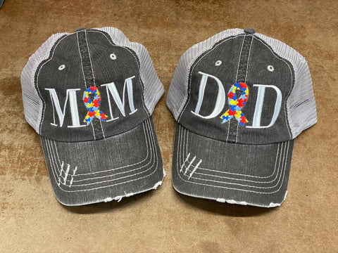 Autism Mom or Dad Ribbon Puzzle Pieces Distressed Mesh Hat