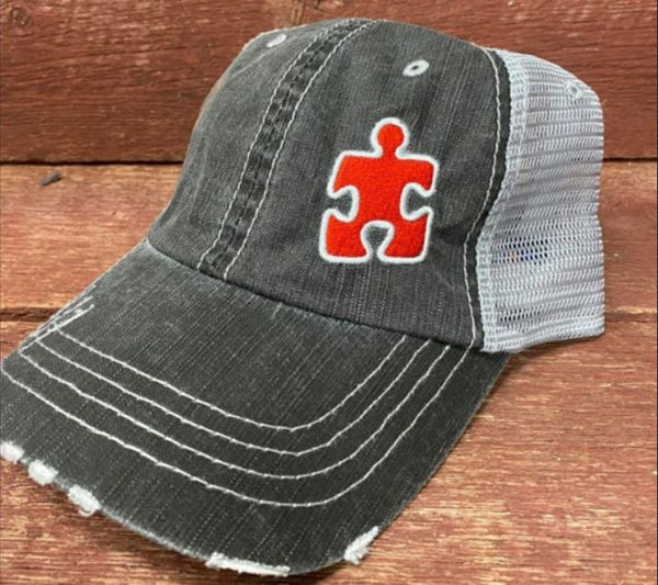 Autism Single Puzzle Piece Distressed Mesh Hat