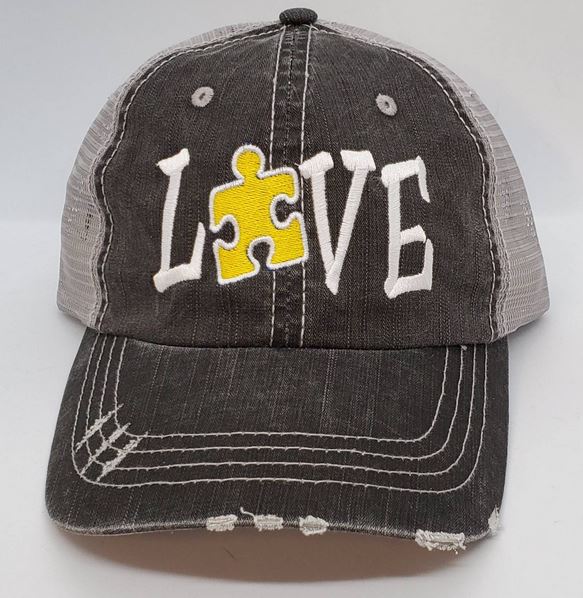 Autism Love Puzzle Piece Distressed Mesh Hat