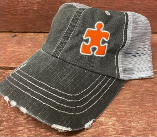 Autism Single Puzzle Piece Distressed Mesh Hat