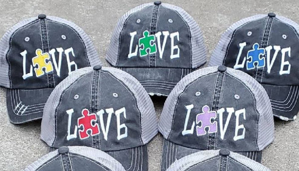 Autism Love Puzzle Piece Distressed Mesh Hat