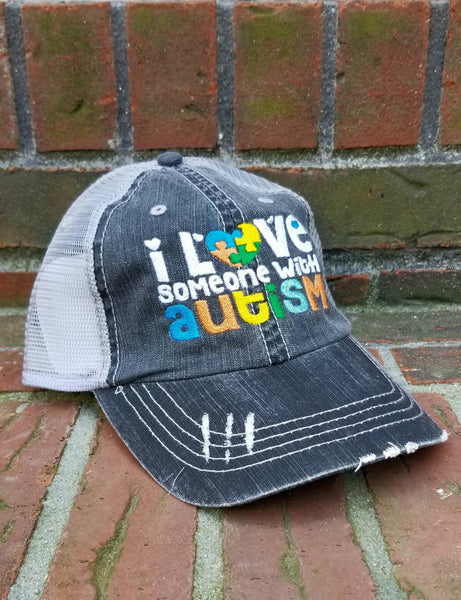 I Love Someone With Autism Puzzle Piece Distressed Mesh Hat