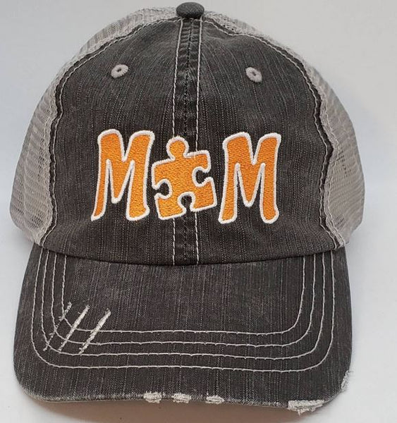 Autism MOM Puzzle Piece Distressed Mesh Hats