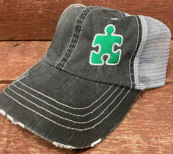 Autism Single Puzzle Piece Distressed Mesh Hat