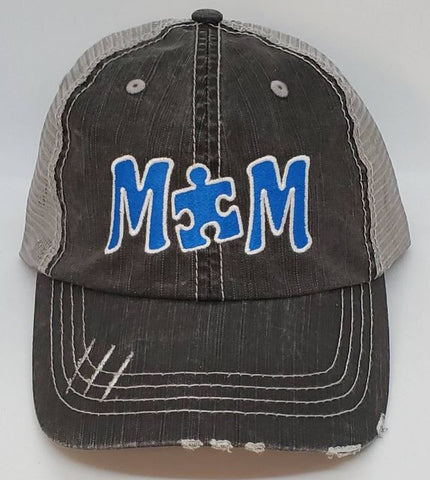 Autism MOM Puzzle Piece Distressed Mesh Hats