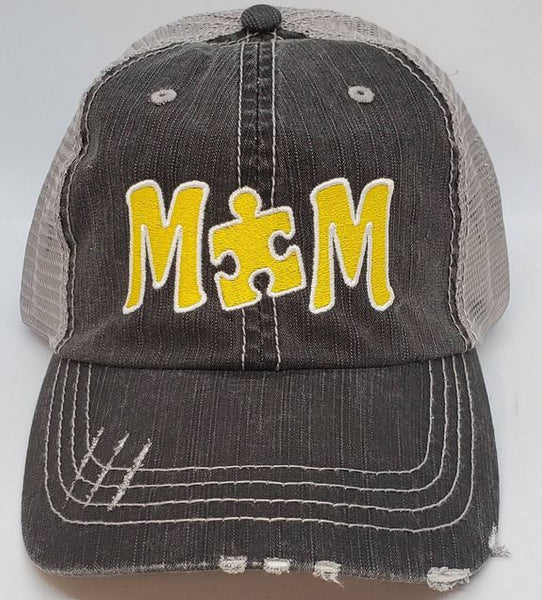 Autism MOM Puzzle Piece Distressed Mesh Hats