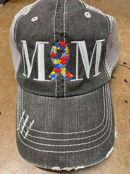 Autism Mom or Dad Ribbon Puzzle Pieces Distressed Mesh Hat