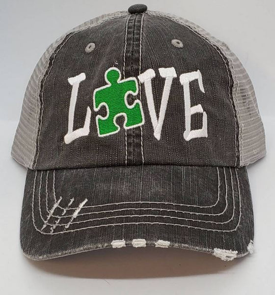 Autism Love Puzzle Piece Distressed Mesh Hat