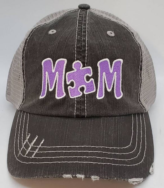 Autism MOM Puzzle Piece Distressed Mesh Hats