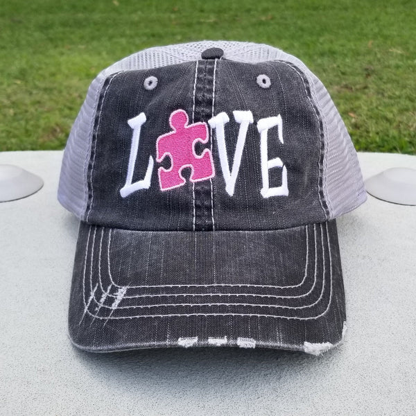 Autism Love Puzzle Piece Distressed Mesh Hat