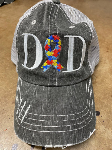 Autism Mom or Dad Ribbon Puzzle Pieces Distressed Mesh Hat