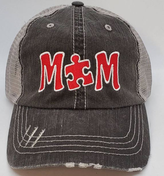 Autism MOM Puzzle Piece Distressed Mesh Hats